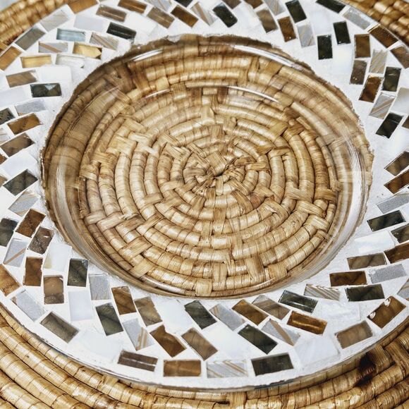 Spring Mossaic Yankee Candle Votive Holder Glass Plate Blue & Brown Tile Dish - Picture 1 of 7